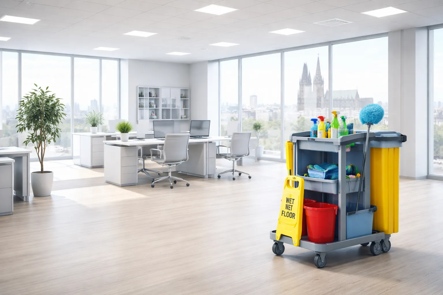 Unterhaltsreinigung in Köln – Reinigungsteam vor Bürogebäude