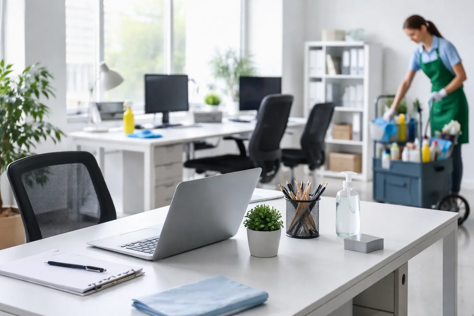 Professionelle Büroreinigung in Köln – moderner, sauberer Arbeitsplatz mit gepflegten Schreibtischen und Besprechungsbereich