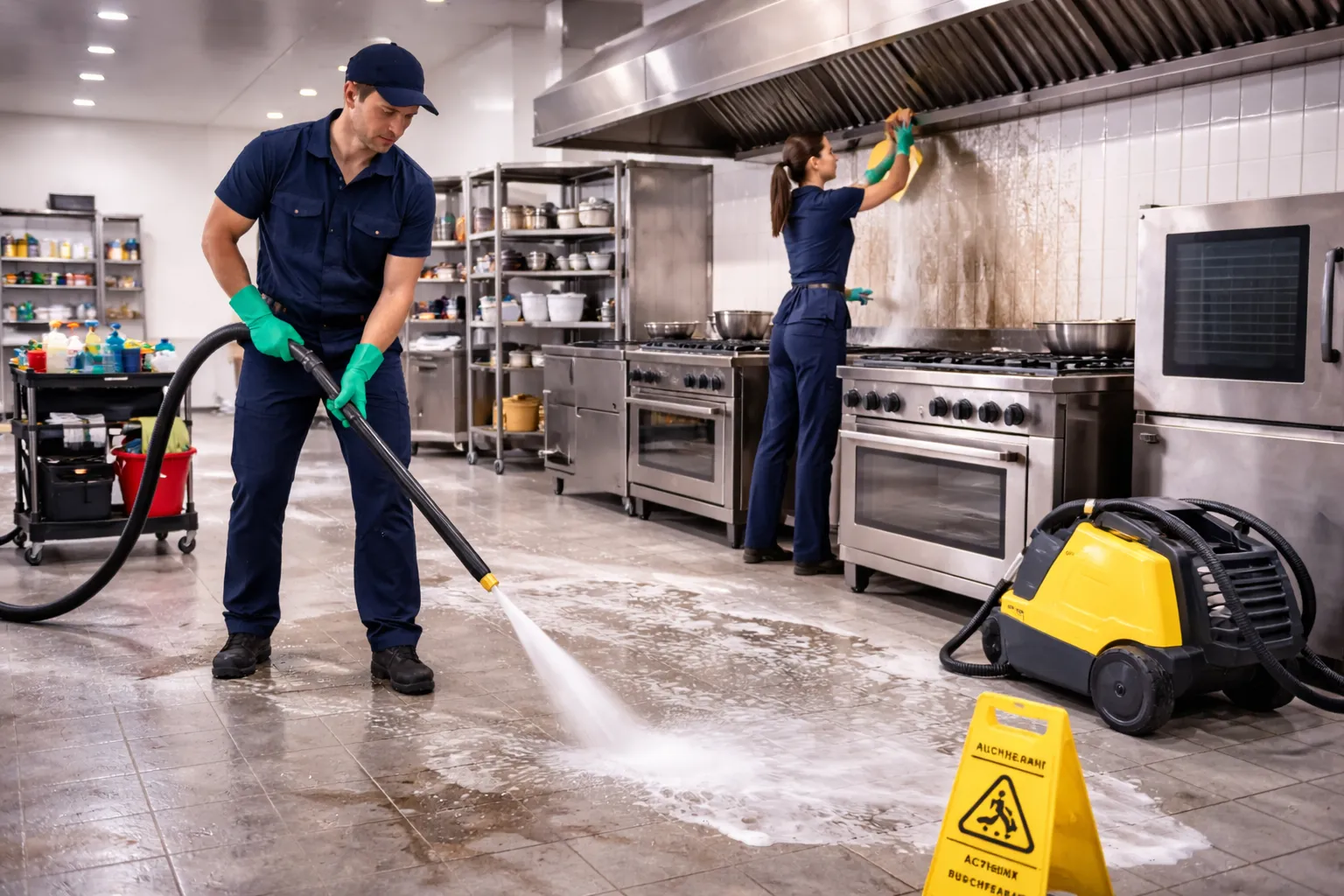 Professionelle Sonderreinigung in einer Industrieküche in Köln mit Spezialreinigung von Böden und Dunstabzugssystem
