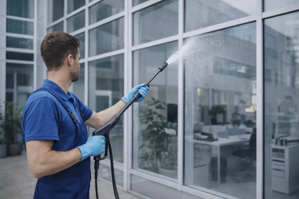 Reinigungsteam reinigt buero Fenster Köln