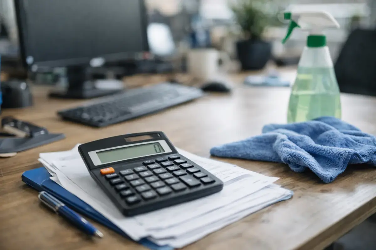 Kostenkalkulation für Büroreinigung mit Taschenrechner und Unterlagen auf einem Schreibtisch in einem deutschen Büro